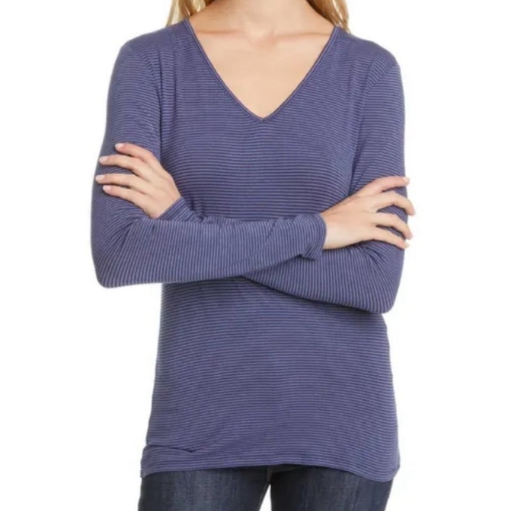 Nordstrom Signature Blue Stripe Long Sleeve V-Neck Top